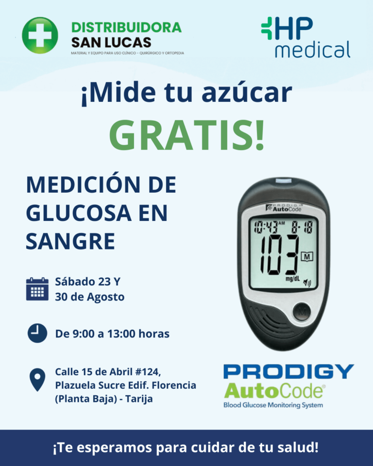Flyer de evento de control de glucosa gratuito en Tarija, organizado por HP Medical y Distribuidora San Lucas. Incluye fechas, horario y dirección.
